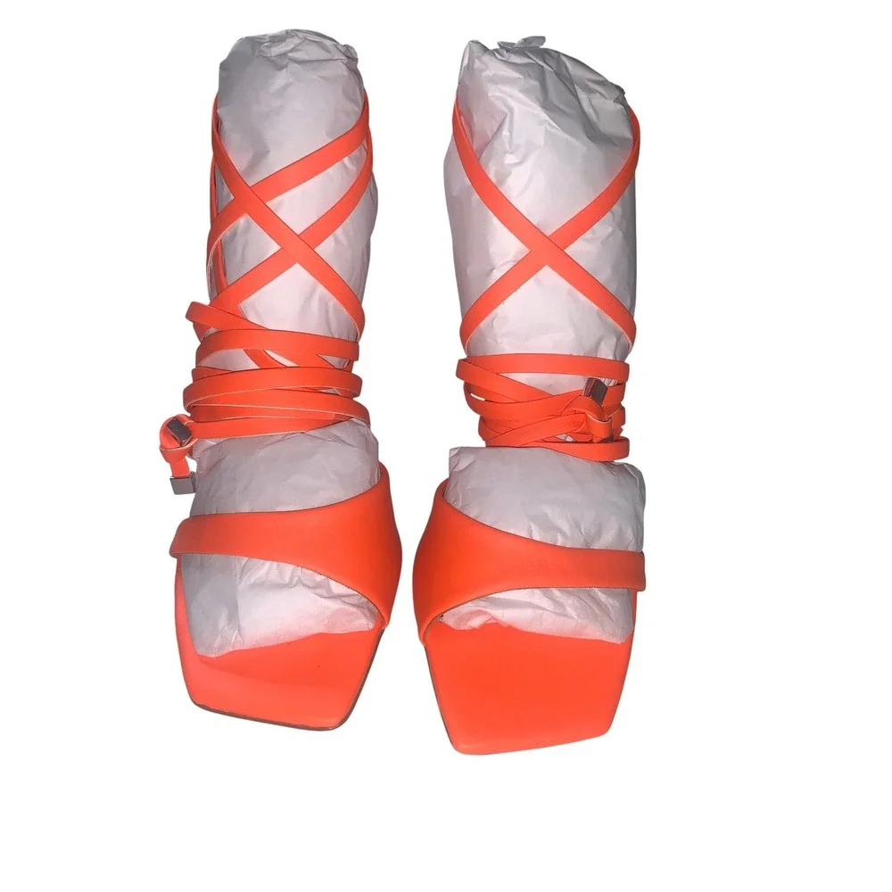 NEW Schutz Bryce Leather Sandal Acid Orange Lace‎ Up Square Toe Stiletto Heel 7B